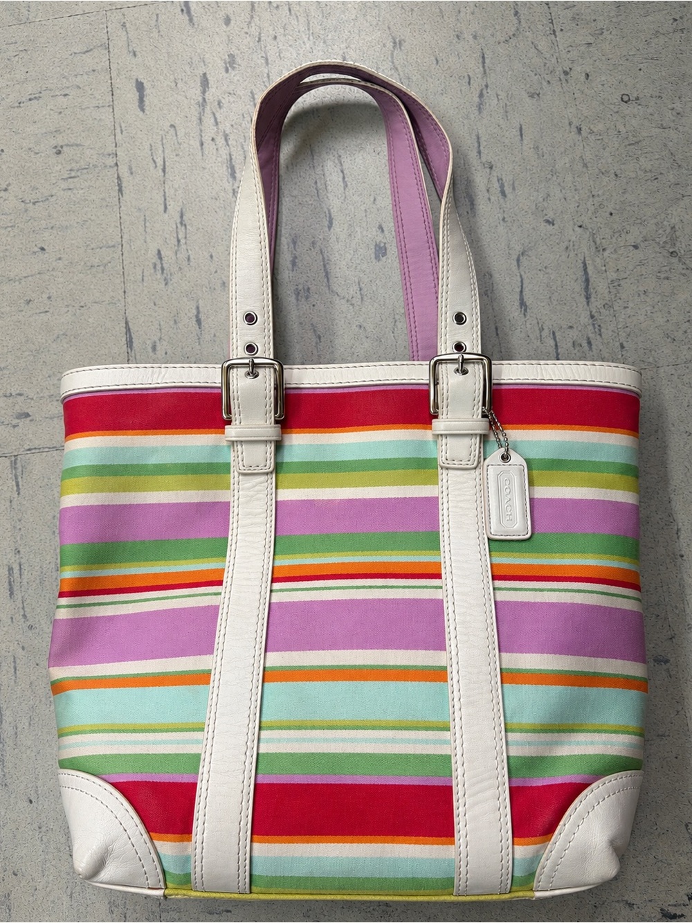 Coach Multicolor Striped Canvas Tote with White Leather Accents